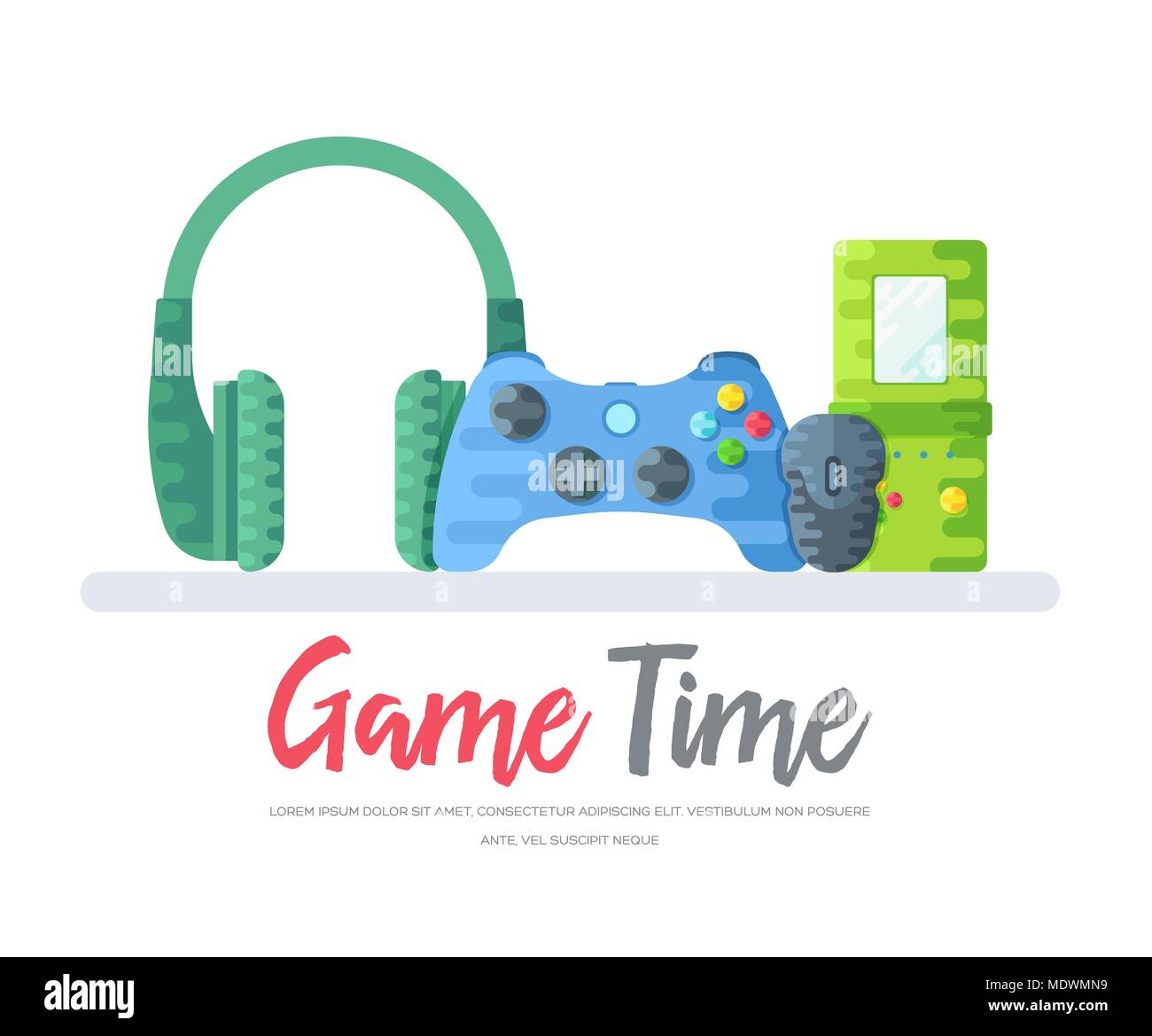 Cuffie con gamepad e mouse con tetris toy oltre il tempo di gioco di parole. Il layout moderno vettore illustrazione di background design concept Illustrazione Vettoriale