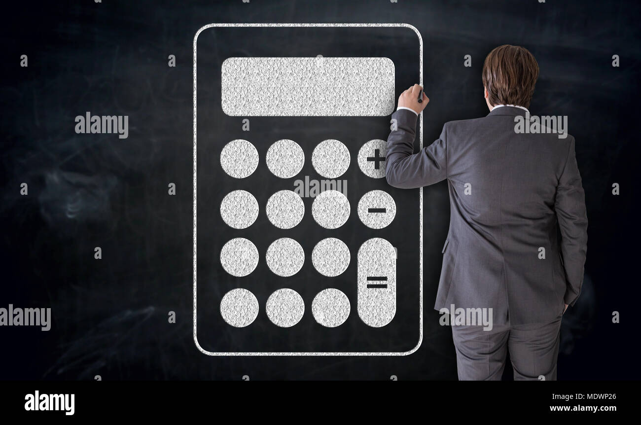 Imprenditore vernici icona calcolatrice sul concetto di lavagna. Foto Stock