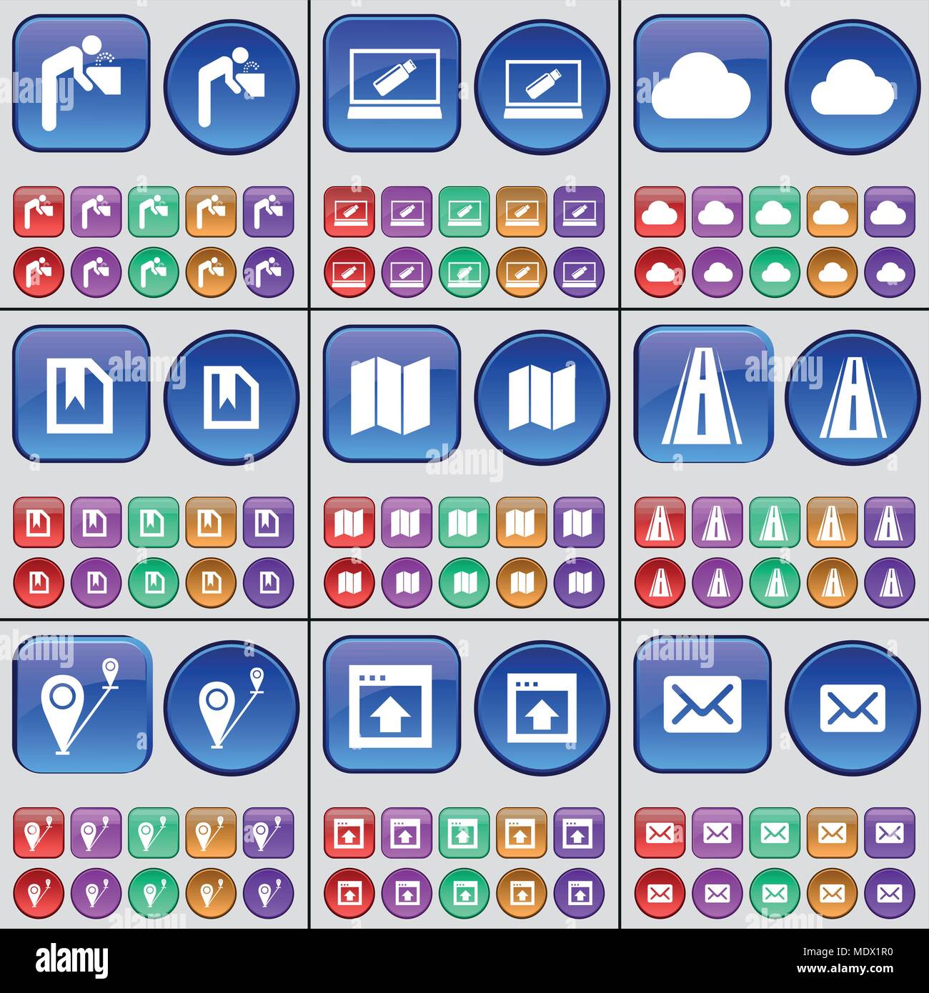 Silhouette, Laptop, Cloud, File, mappa stradale, Route, finestra Messaggio. Un grande insieme di multi-pulsanti colorati. Illustrazione Vettoriale Illustrazione Vettoriale