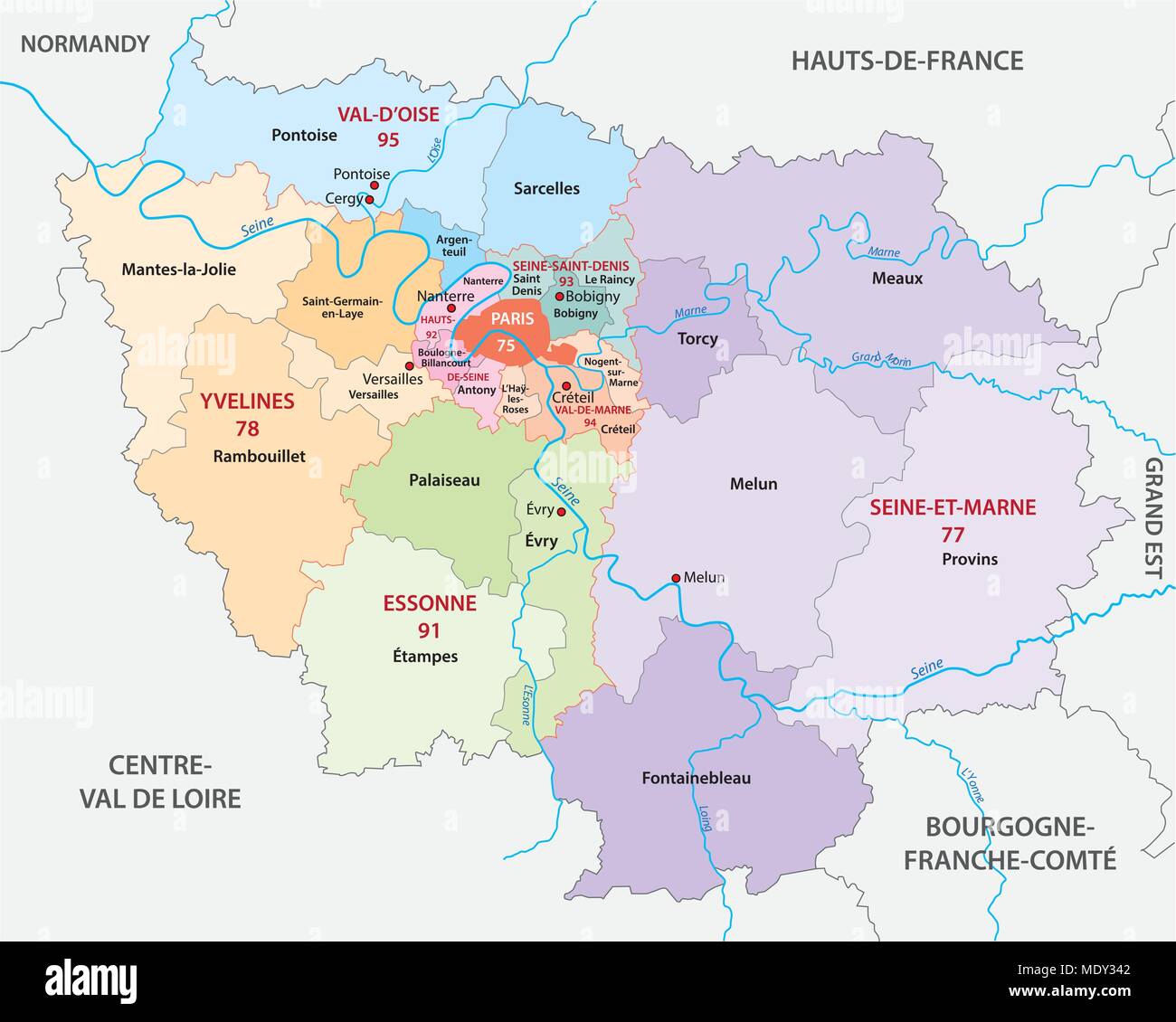 Ile de france politica e amministrativa di mappa vettoriale con bandiera, Francia Illustrazione Vettoriale