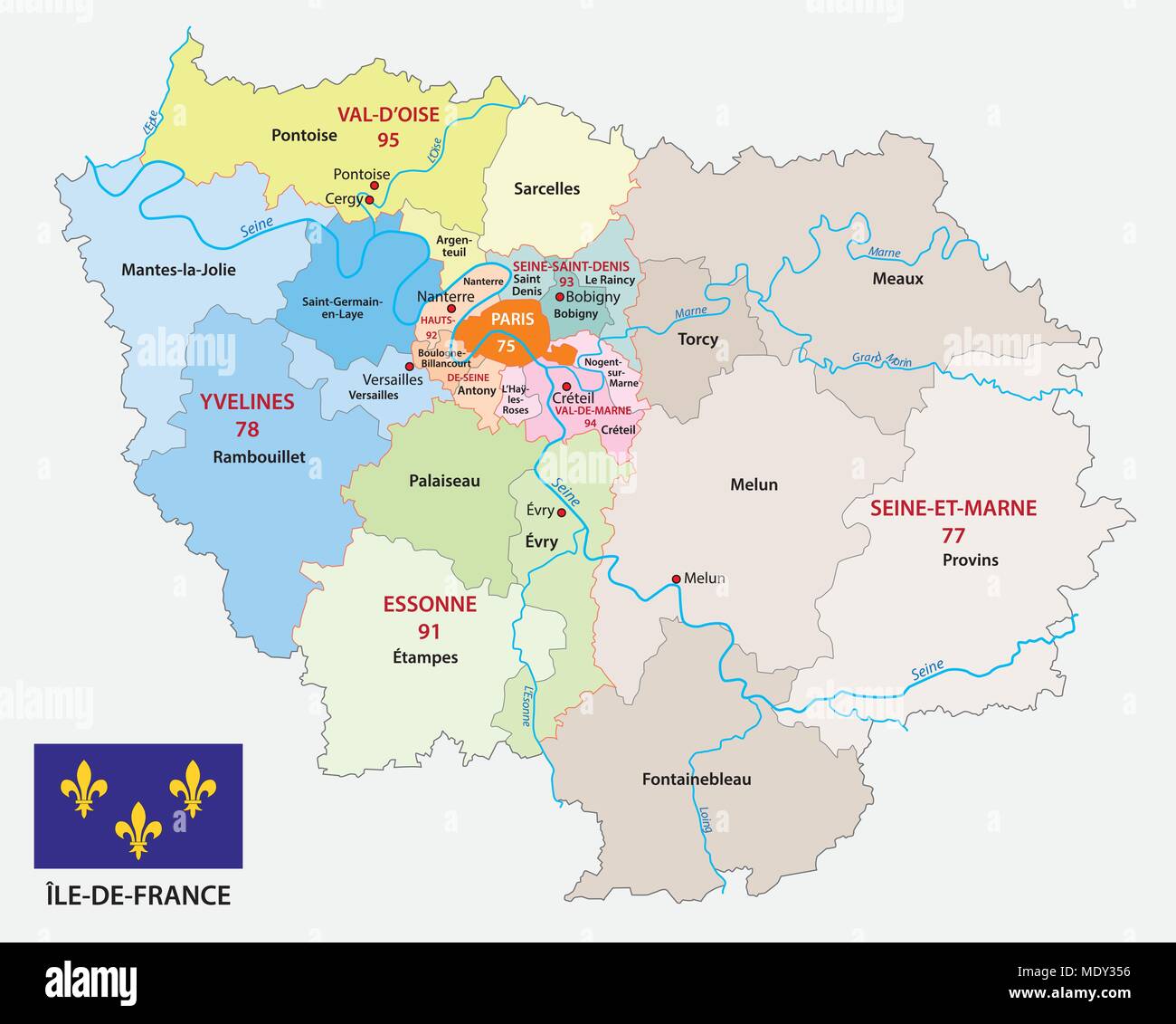 Ile de france politica e amministrativa di mappa vettoriale con bandiera, Francia Illustrazione Vettoriale