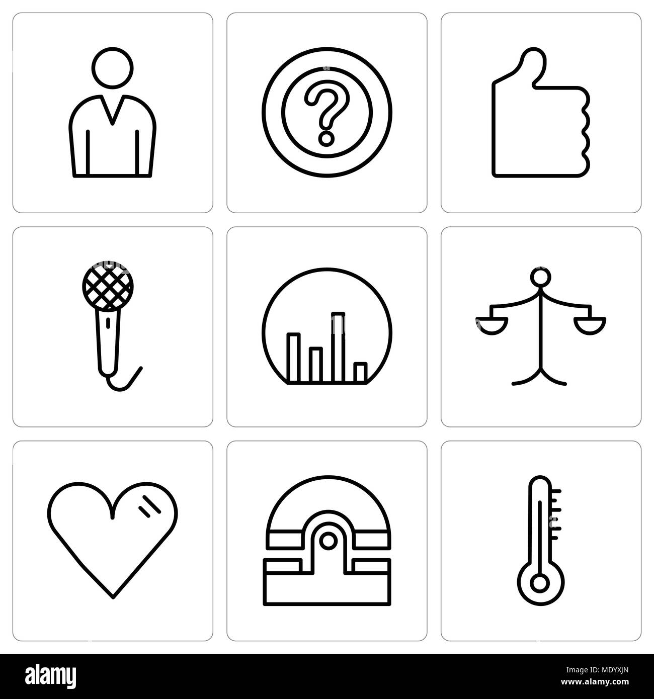 Set di 9 semplici icone modificabile come termometro a mercurio, vecchio telefono, cuore, bilancia, grafico a barre, registratore vocale, pollice in alto, punto interrogativo, maschio Illustrazione Vettoriale