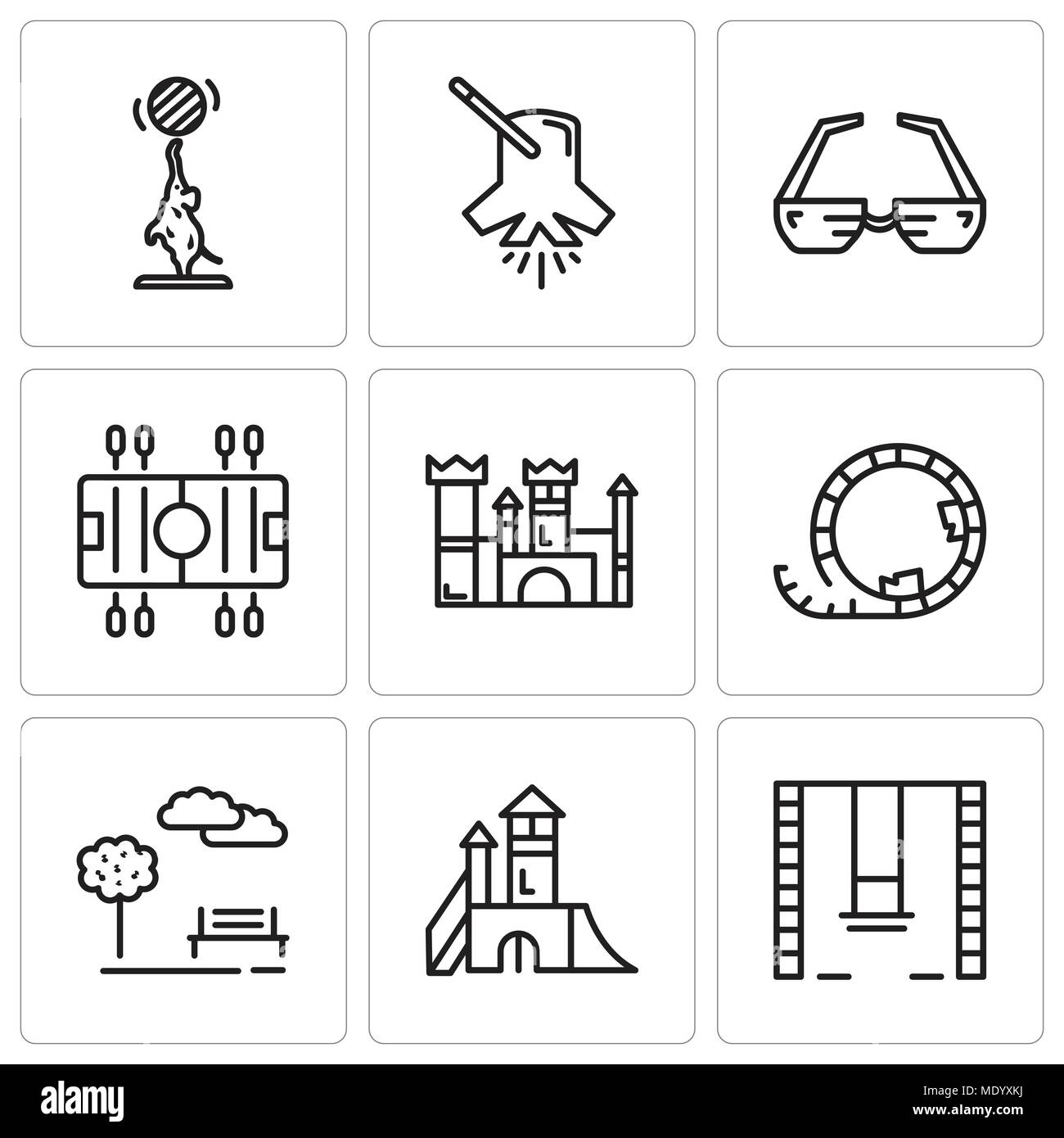 Set di 9 semplici icone modificabile come altalene, giochi, Parco, Montagne russe, Castello, calcio, occhiali 3D, Illuminazione, elefante, può essere utilizzato per la mobil Illustrazione Vettoriale