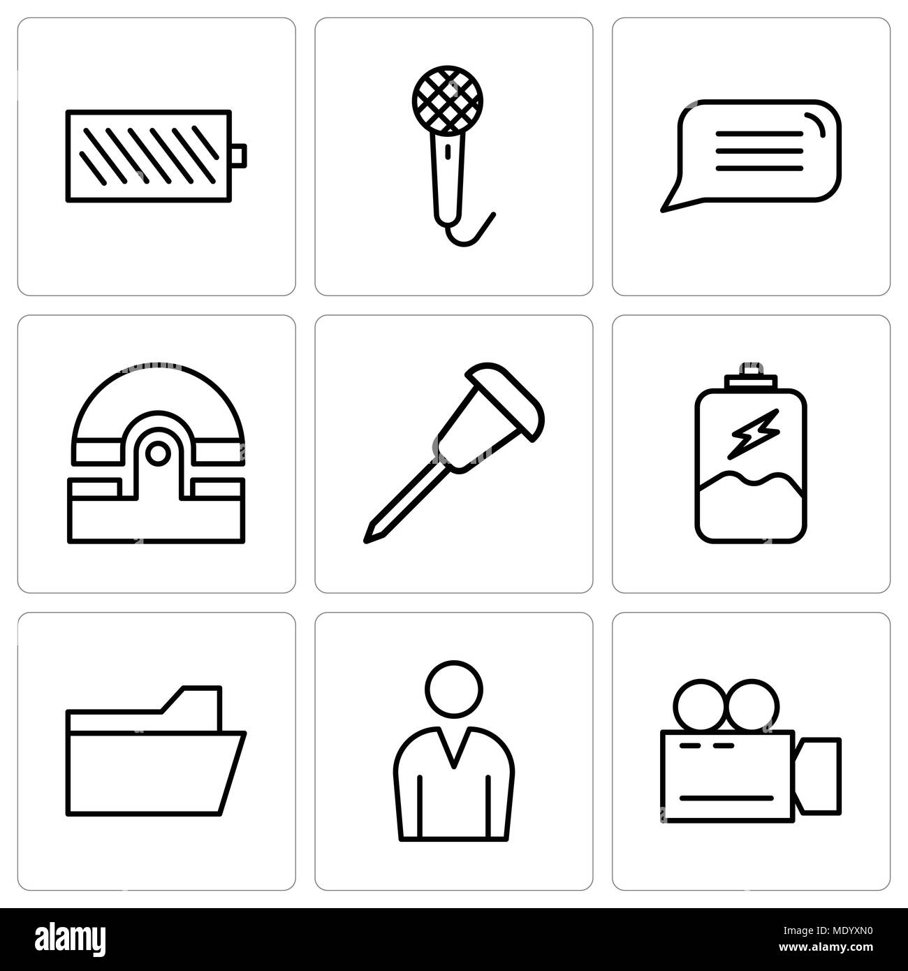 Set di 9 semplici icone modificabile come videocamera, avatar maschio, file cartella, la carica della batteria, la puntina, vecchio telefono, discorso bolla, registratore vocale, Ba Illustrazione Vettoriale