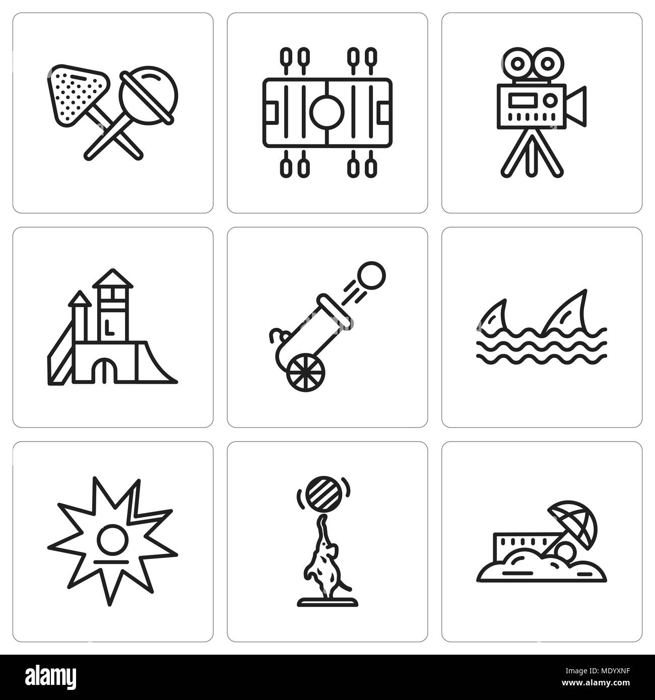 Set di 9 semplici icone modificabile come sabbia, elefante, Walk of Fame, squali, Cannone, parco giochi, videocamera, calcio, Candy, può essere usato per il mobile, Illustrazione Vettoriale Set di 9 semplici icone modificabile come sabbia, elefante, Walk of Fame, squali, Cannone, parco giochi, videocamera, calcio, Candy, può essere usato per il mobile, Illustrazione Vettoriale