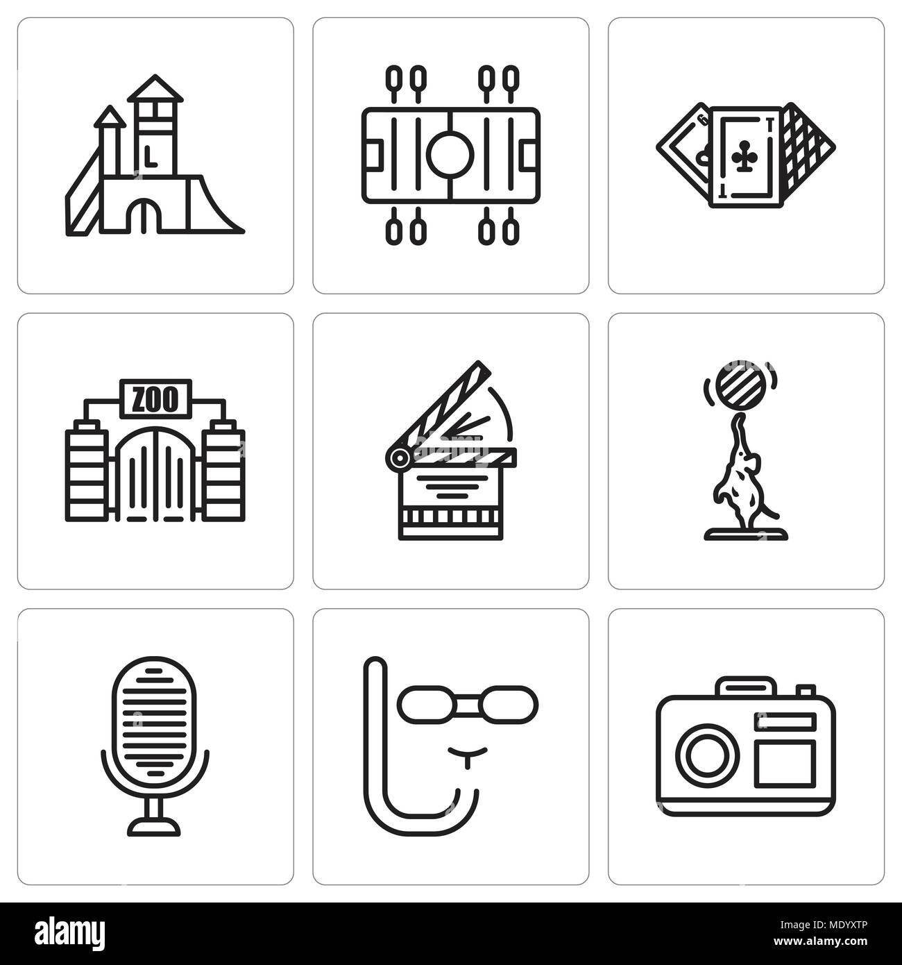 Set di 9 semplici icone modificabili quali Fotocamera, maschera subacquea, microfono, elefante, Clapperboard, Zoo, Casino, calcio, parco giochi, può essere utilizzato per la mobil Illustrazione Vettoriale