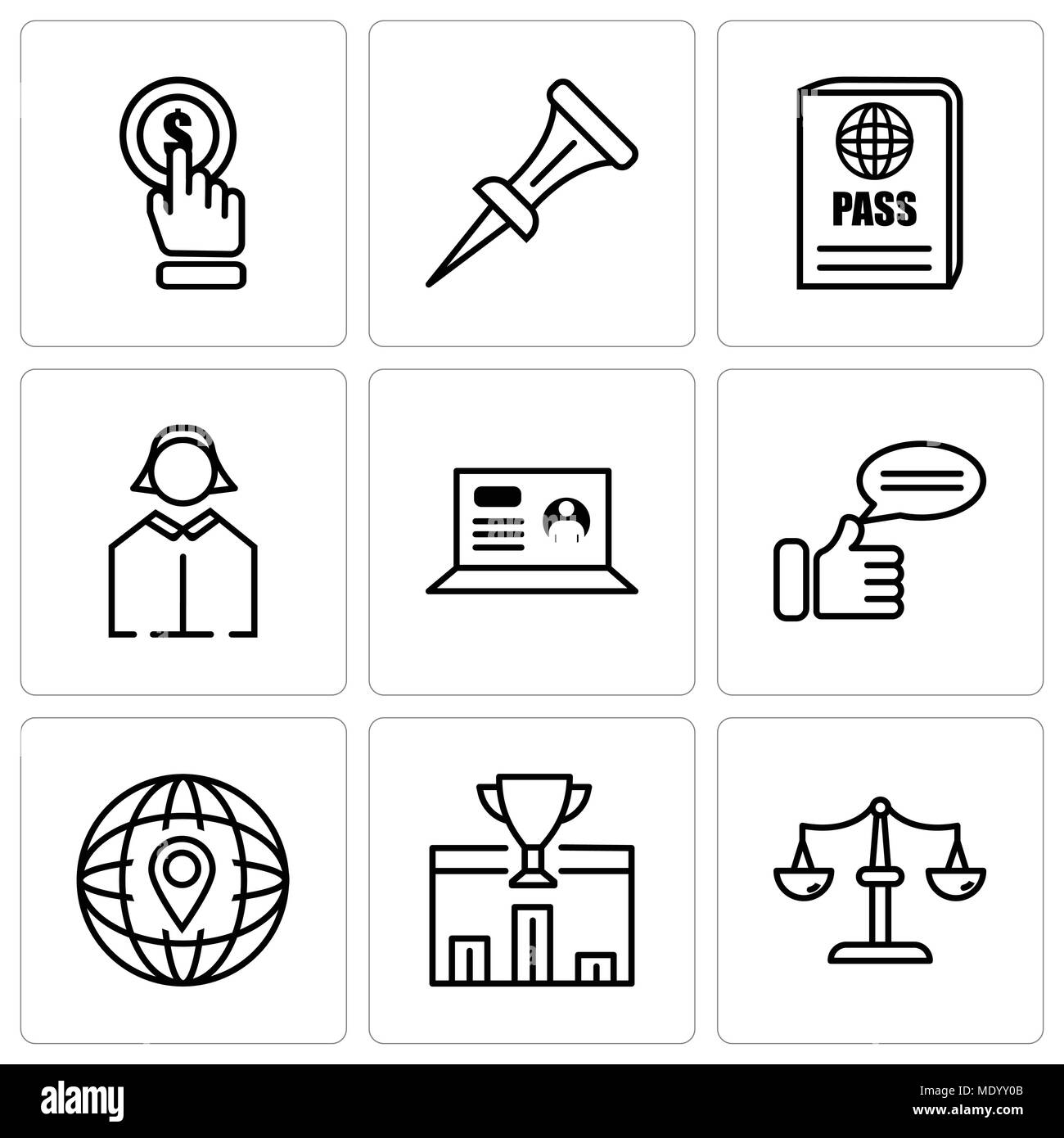 Set di 9 semplici icone modificabile come scale, al primo posto, posizione, commento, notebook business donna, passaporto, unghie, fare clic, può essere usato per il mobile, abbiamo Illustrazione Vettoriale