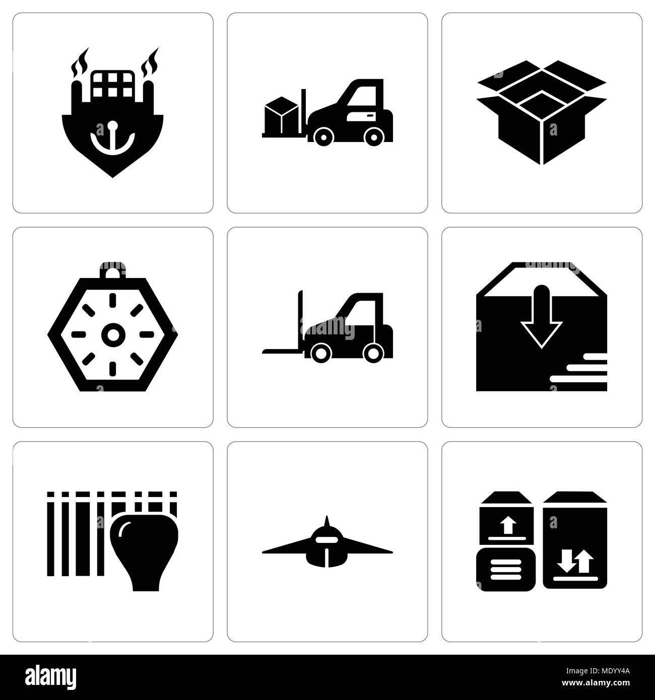 Set di 9 semplici icone modificabili quali ad esempio confezioni di storage per la consegna di un aereo, vista frontale, identificazione per la consegna con barre, consegna pacchi, Illustrazione Vettoriale