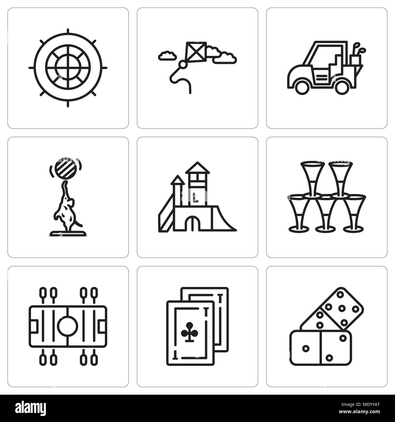 Set di 9 semplici icone modificabili quali Domino, schede, calcio, bicchieri, parco giochi, elefante, golf car, kite, Roulette, può essere usato per il mobile, l'interfaccia utente web Illustrazione Vettoriale