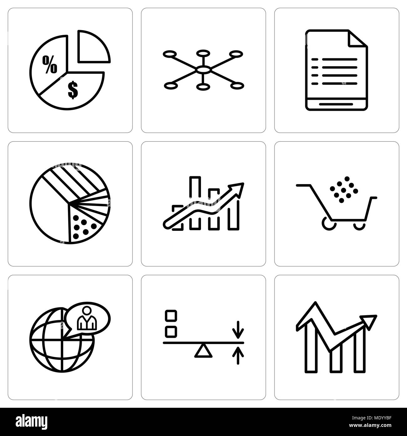 Set di 9 semplici icone modificabile come grafico, Sun Flare, utente globale, carrello graphic, bar chart grafico a torta con quattro aree, avvertenza per l'utente, dati connes Illustrazione Vettoriale