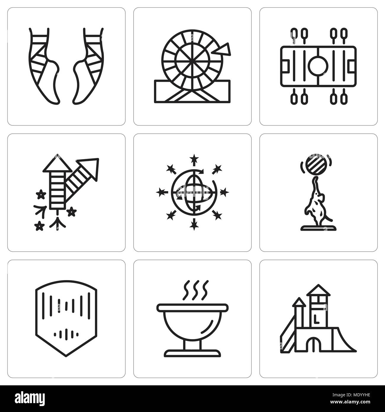 Set di 9 semplici icone modificabile come parco giochi, barbecue, maschera, elefante, palla da discoteca, fuochi d'artificio, calcio, ruota, balletto, può essere usato per il mobile, l'interfaccia utente web Illustrazione Vettoriale