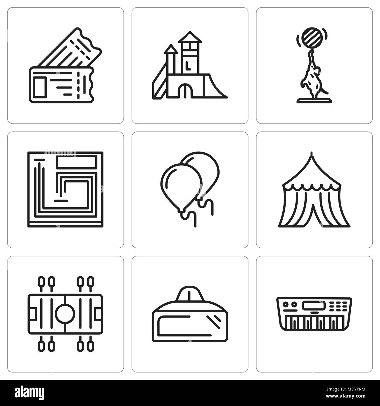 Set di 9 semplici icone modificabile come Synth, occhiali VR, calcio, tenda, palloncini e gioco di bordo, elefante, parco giochi, i biglietti possono essere usati per mob Illustrazione Vettoriale