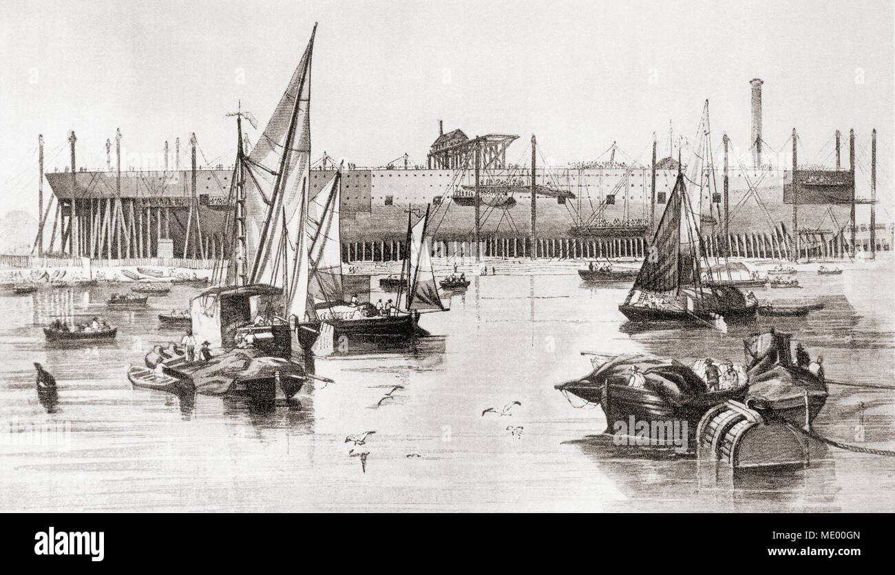 La costruzione del S S Great Eastern steamship presso il Millwall Iron Works, il fiume Tamigi, Londra, Inghilterra in 1857. Dalla faccia di Londra, pubblicato nel 1937. Foto Stock
