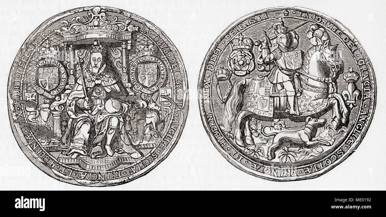 La grande tenuta di James I. James VI e I, 1566 - 1625. Re di Scozia come Giacomo VI dal 24 luglio 1567 e Re di Inghilterra e Irlanda come Giacomo I dal 24 Marzo 1603 - 1625. Da Vecchia Inghilterra: un museo pittorico, pubblicato nel 1847. Da Vecchia Inghilterra: un museo pittorico, pubblicato nel 1847. Foto Stock