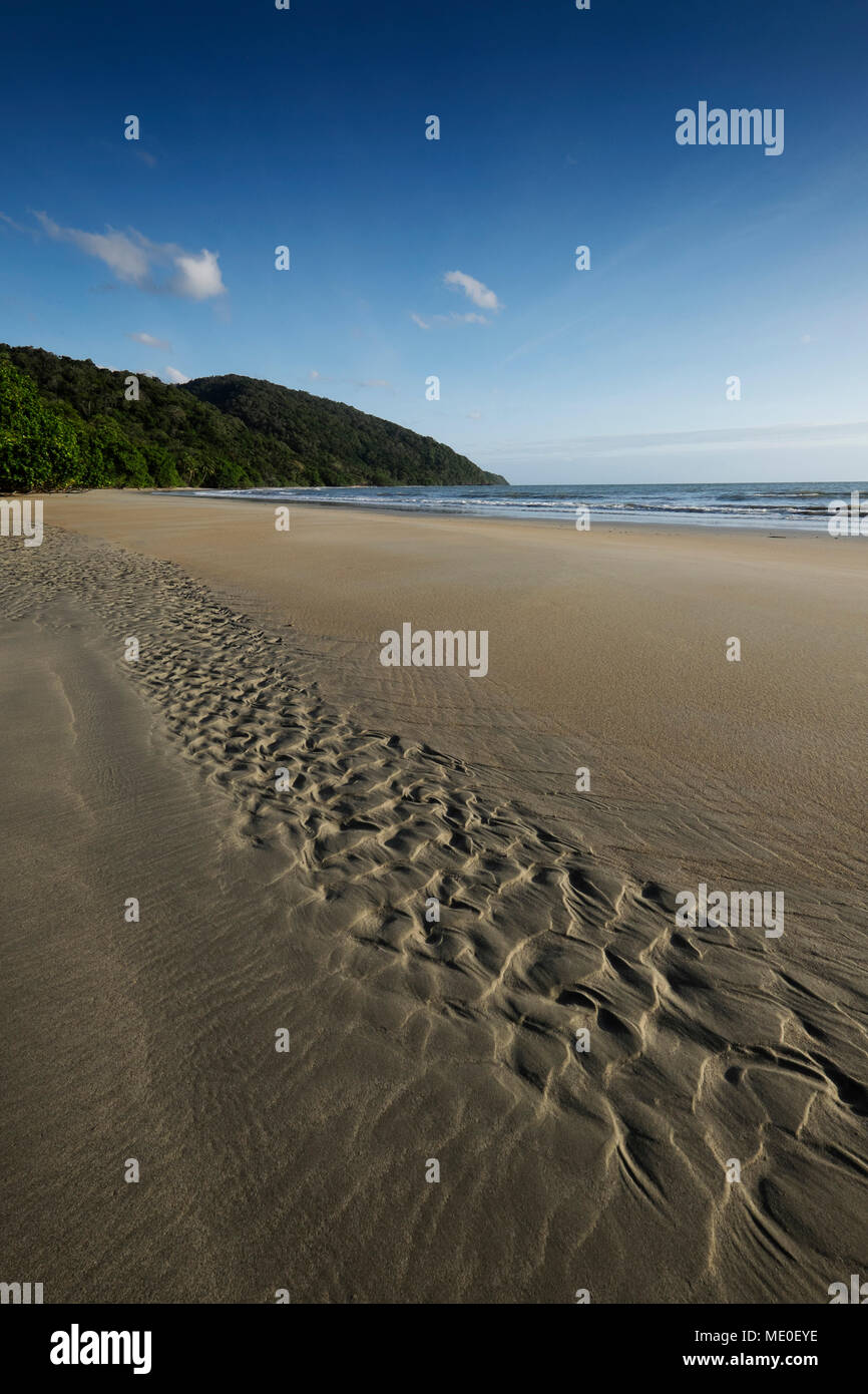 I modelli in sabbia bagnata sulla spiaggia di Cape Tribulation nel Queensland, Australia Foto Stock