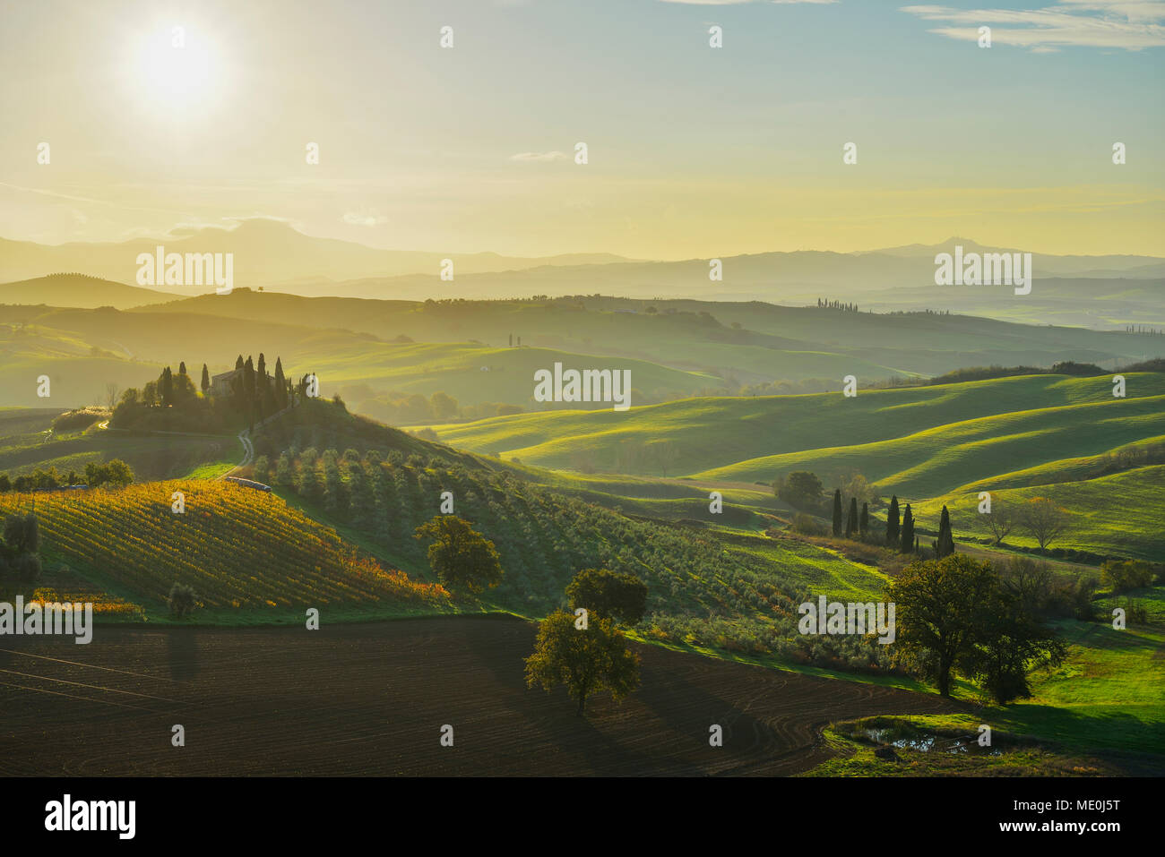 Panoramica Panoramica della campagna toscana con casa colonica al tramonto a San Quirico d'Orcia nella Val d'Orcia in Siena, Italia Foto Stock