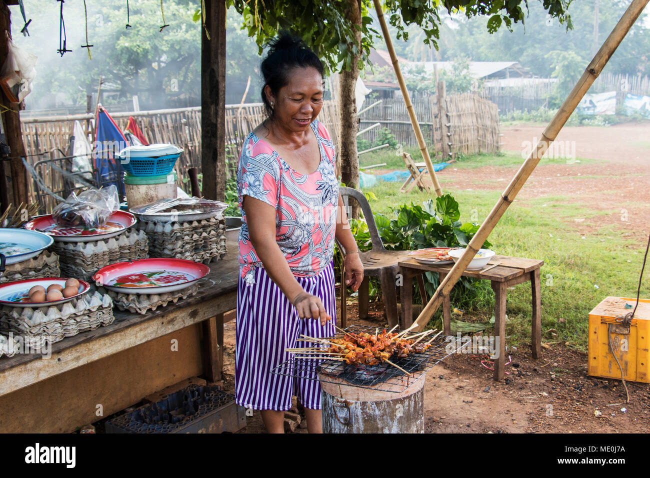 Donna alla brace saté, Pha Suam Bolaven Plateau; Champasak, Laos Foto Stock