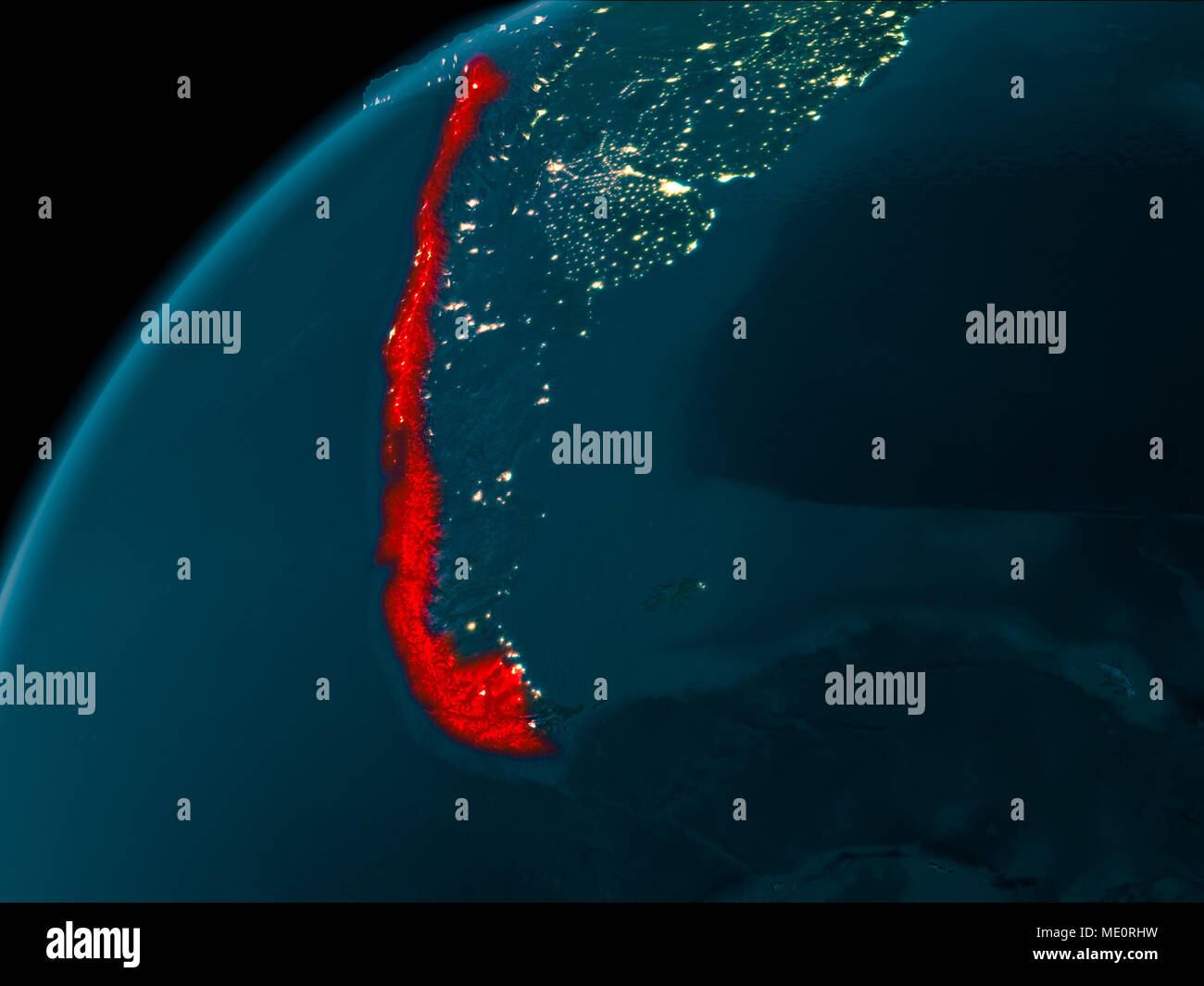 Notte mappa del Cile come visto dallo spazio sul pianeta Terra. 3D'illustrazione. Gli elementi di questa immagine fornita dalla NASA. Foto Stock