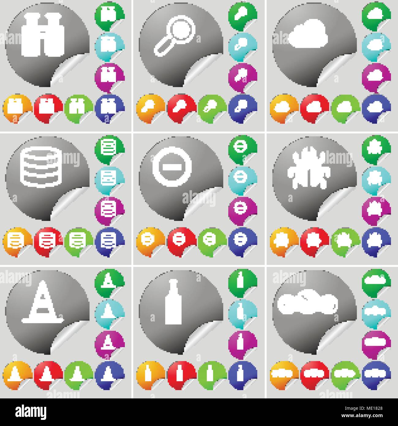 Binocolo, lente di ingrandimento, Cloud, Database meno, bug, il cono, bottiglia, pannello di controllo Icona segno. Un set di settantadue colorato pulsanti rotondi, adesivo Illustrazione Vettoriale