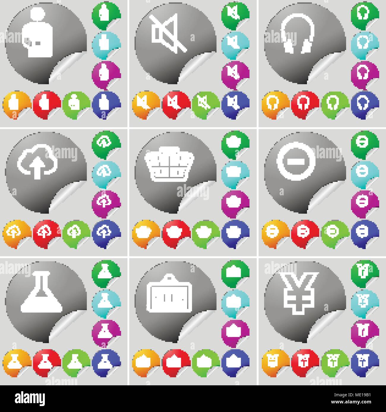 Silhouette, Mute, cuffie, Cloud, Basket, meno, pallone, aperto, Yen segno icona. Un set di settantadue colorato pulsanti rotondi, adesivi. Illustra il vettore Illustrazione Vettoriale