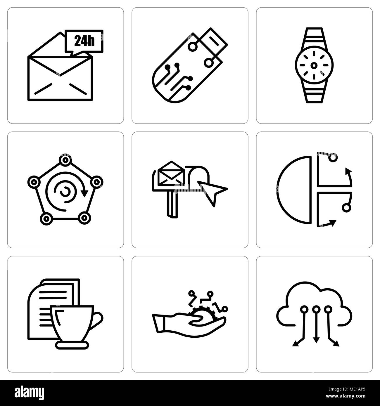 Set di 9 semplici icone modificabili come il cloud computing, sviluppo, Mail e tè, Cubo, casella e-mail, Radar, Smartwatch, Pendrive, Mail 24 ore, può essere Illustrazione Vettoriale