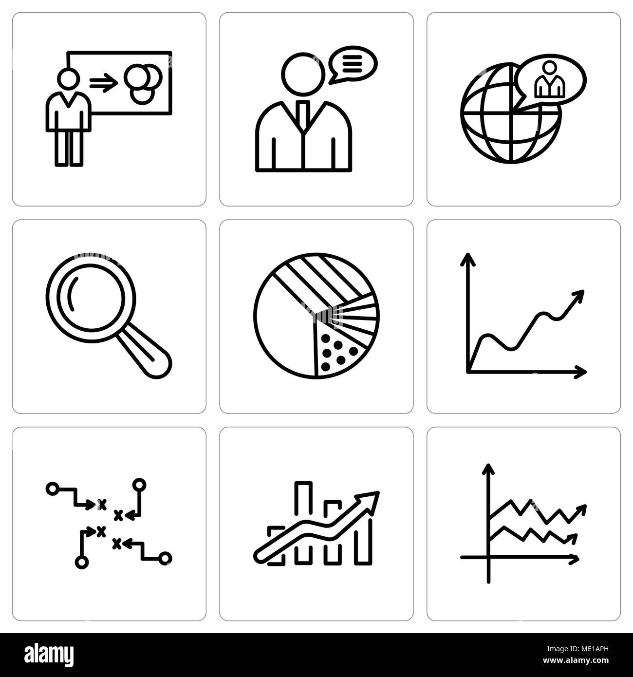 Set di 9 semplici icone modificabile come variabile, grafico a barre, strategia sketch, onda dati grafico, grafico a torta con quattro aree, ingrandimento, uso globale Illustrazione Vettoriale