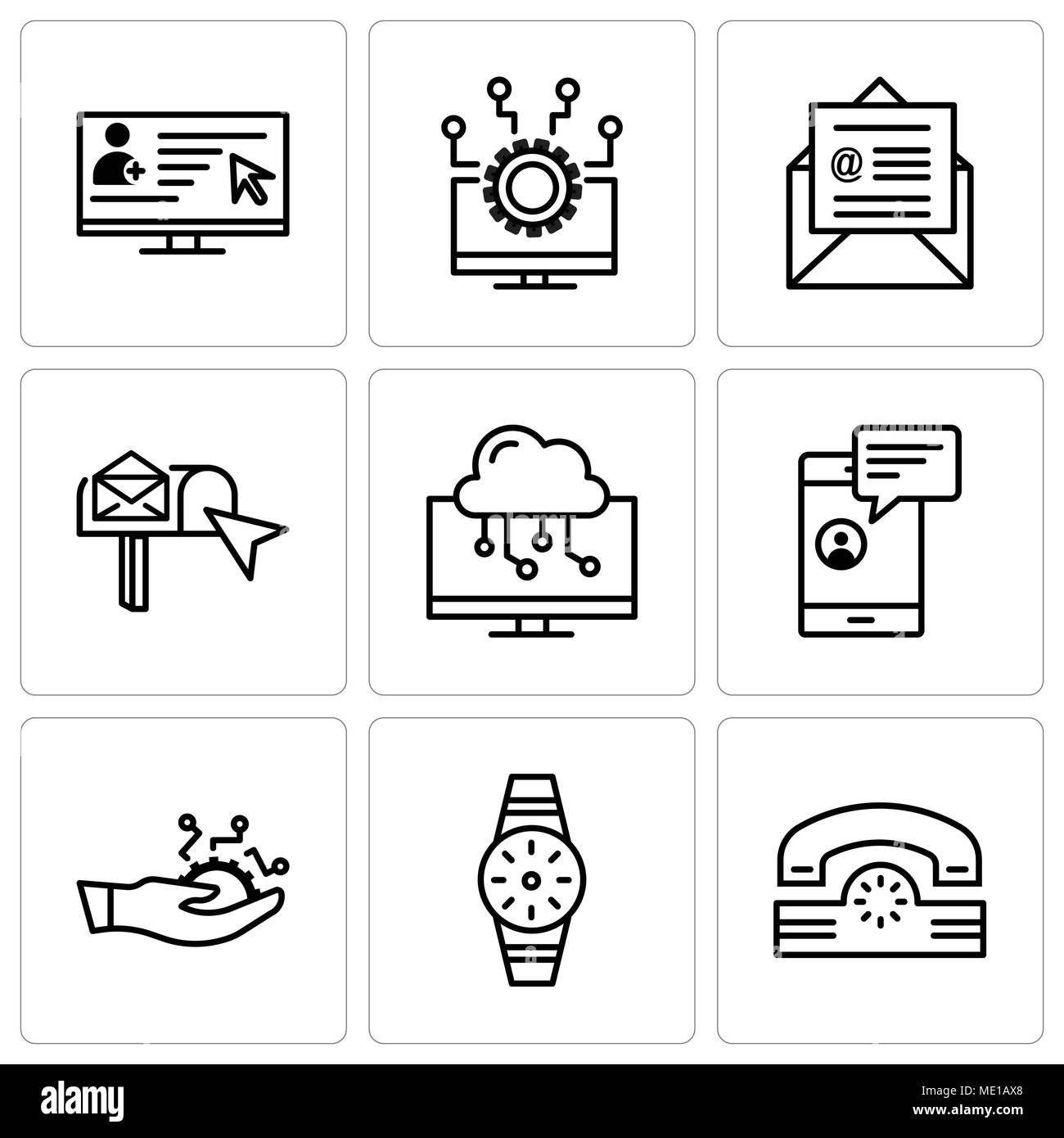 Set di 9 semplici icone modificabile come telefono, Smartwatch, sviluppo, Chat in smartphone, laptop, casella e-mail, mail, laptop, la lettura della posta sul giro Illustrazione Vettoriale