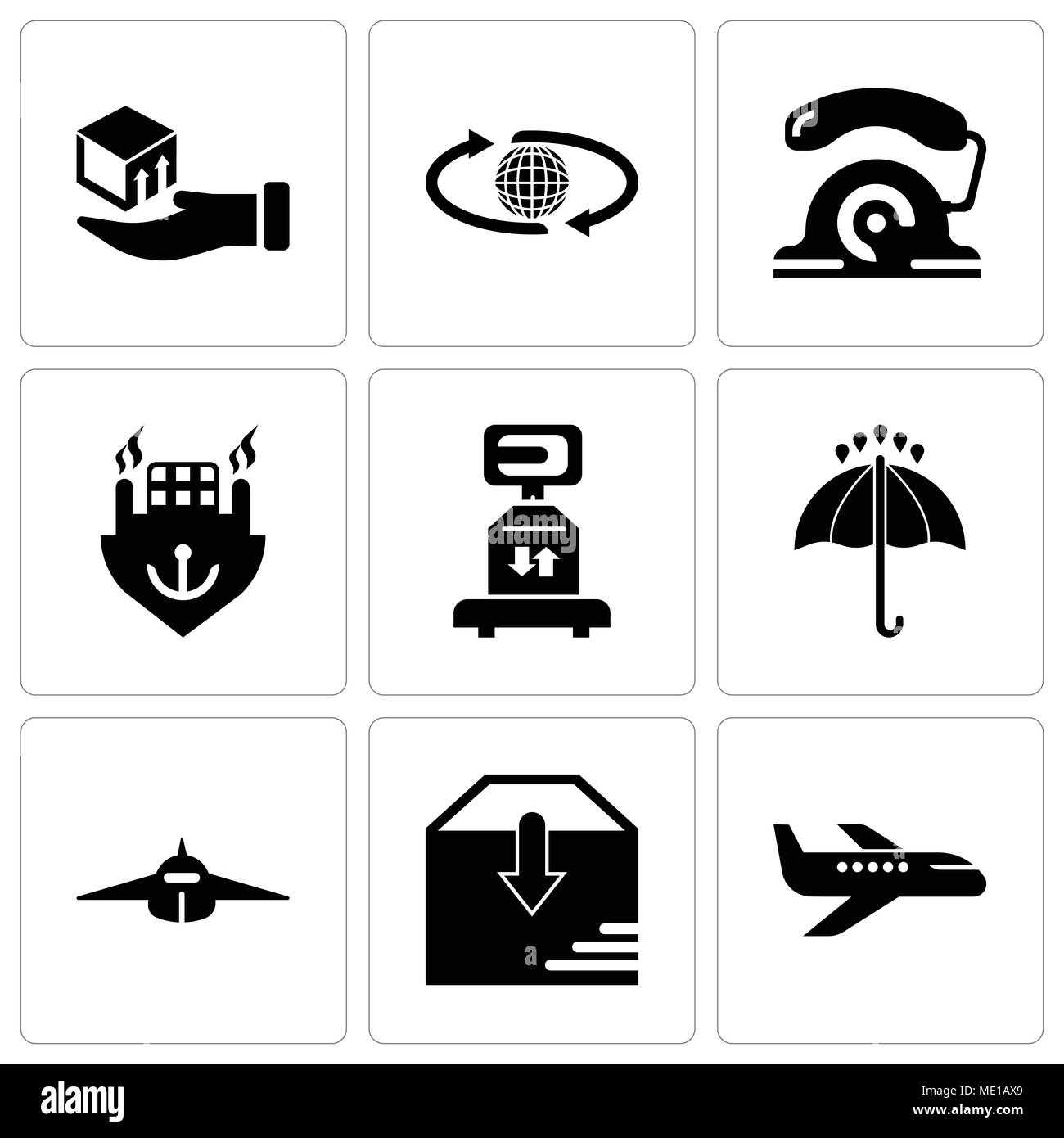 Set di 9 semplici icone modificabili come il trasporto aereo, consegna pacchi, aereo vista frontale, nero ombrello aperto, consegna scala con una scatola, Oceano Illustrazione Vettoriale