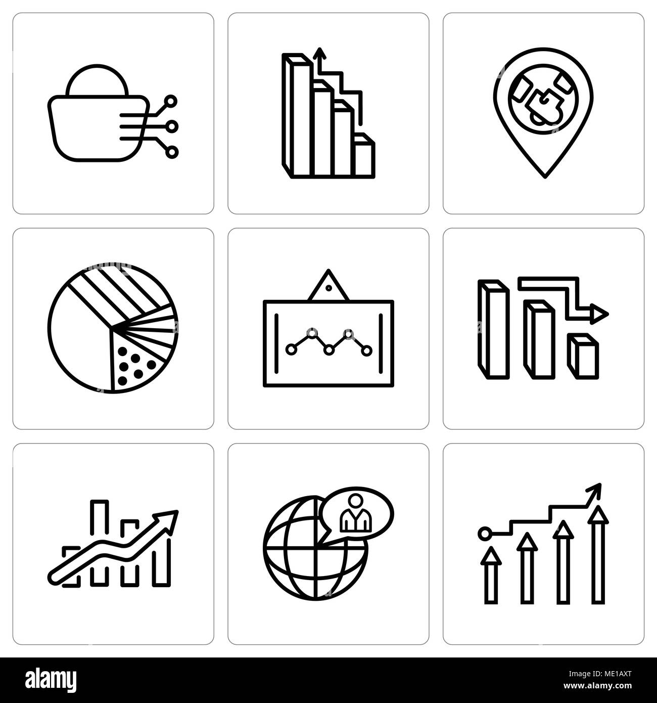 Set di 9 semplici icone modificabili come i binari trasformati Mobile Analisi, utente globale, grafico a barre, 3d analisi dei dati bar, analisi dei dati sullo schermo grafico a torta, g Illustrazione Vettoriale