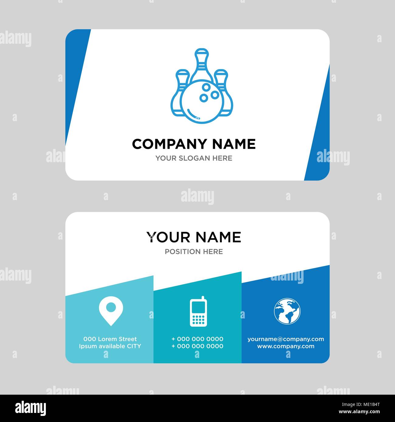 Bowling business card modello di progettazione, visita per la vostra azienda, moderno creativo e pulire la carta di identità illustrazione vettoriale Illustrazione Vettoriale
