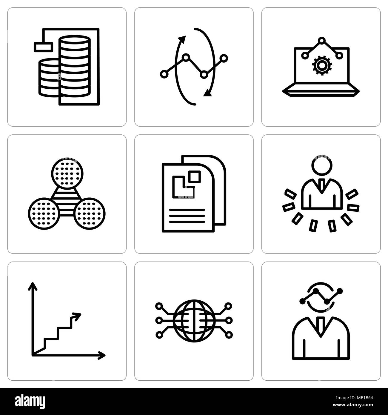 Set di 9 semplici icone modificabile come grafica umana, Globe circuito collegato, analisi dei dati ascendente, dati utente analytics, pagina di dati, grafico a torta Illustrazione Vettoriale