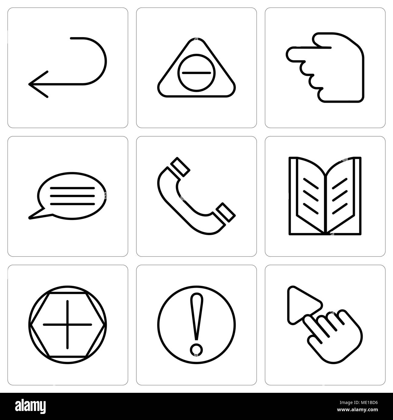 Set di 9 semplici icone modificabile come strumento di selezione, attenzione, Aggiungi attrezzo, Libro Aperto, cuffie, discorso bolla con testo, clessidra, sottraendo butto Illustrazione Vettoriale