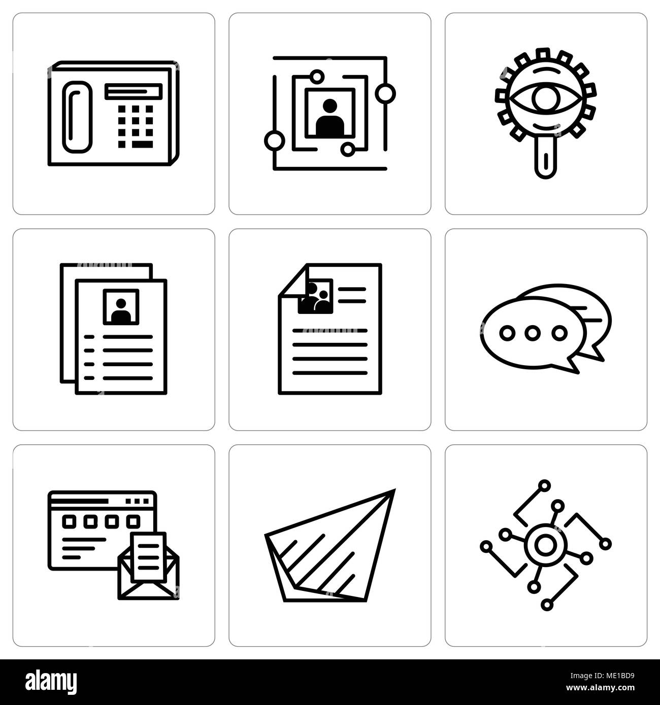 Set di 9 semplici icone modificabili quali CPU, inviare, Browser e-mail, Chat, flyer, visualizzare, utente, il telefono può essere usato per il mobile, l'interfaccia utente web Illustrazione Vettoriale