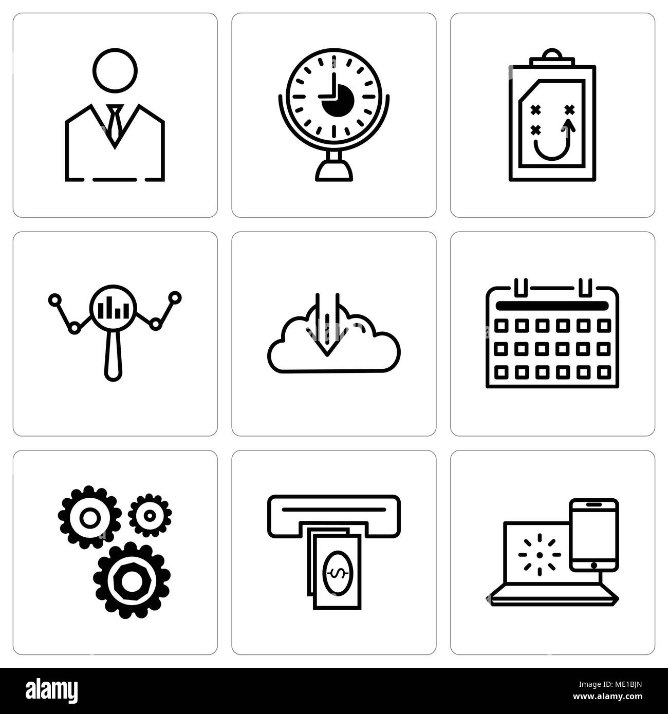 Set di 9 semplici icone modificabile come internet, contanti, impostazioni tastiera, rucola, ricerca, documento, orologio, uomo d affari e può essere utilizzato per il mobile, web Illustrazione Vettoriale