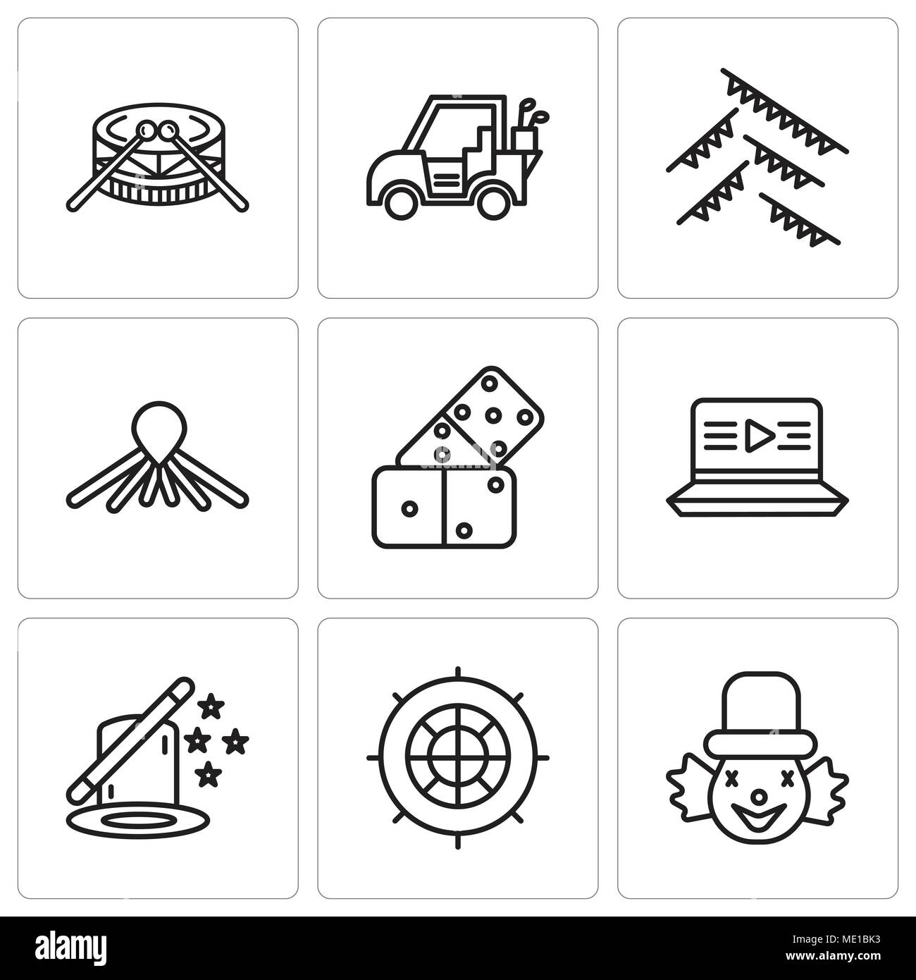 Set di 9 semplici icone modificabile come clown, Roulette, magia, Filmato, Domino, il palloncino cane, Garland, golf car, tamburi, può essere usato per il mobile, l'interfaccia utente web Illustrazione Vettoriale