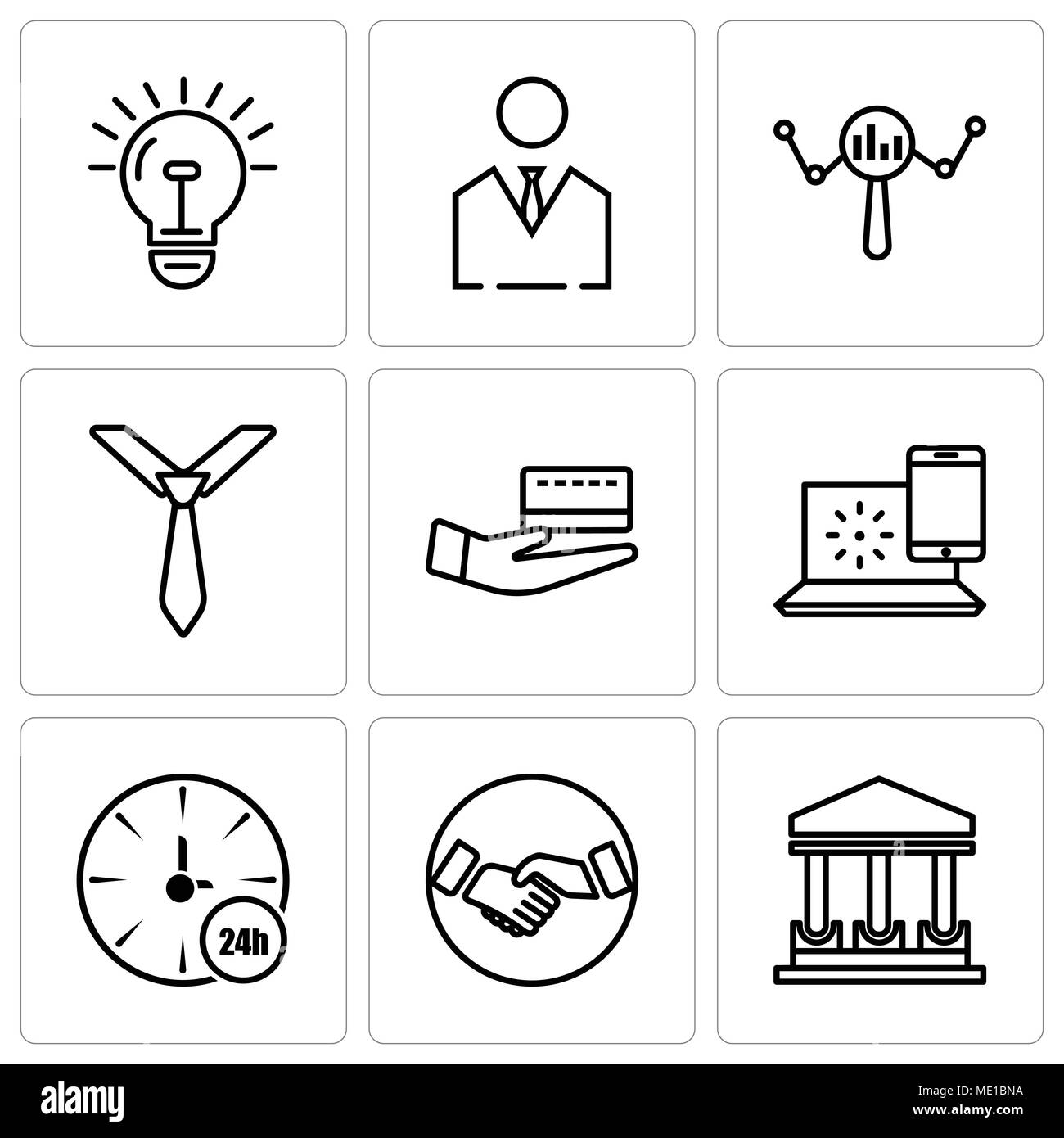 Set di 9 semplici icone modificabili come il palazzo del governo, agitando a mano, guarda, internet, scheda, cravatta, ricerca, uomo d affari e lampadina, può essere utilizzato per mobi Illustrazione Vettoriale