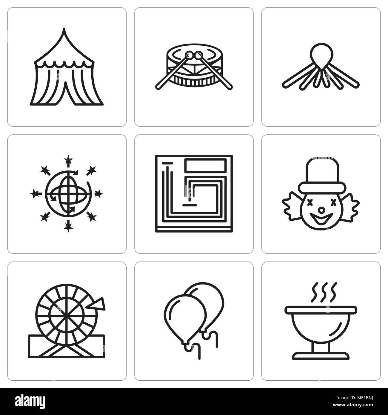 Set di 9 semplici icone modificabili quali Barbecue, palloncini, ruota, Clown, gioco di bordo, palla da discoteca, il palloncino cane, tamburi, tenda, può essere usato per il mobile, l'interfaccia utente web Illustrazione Vettoriale