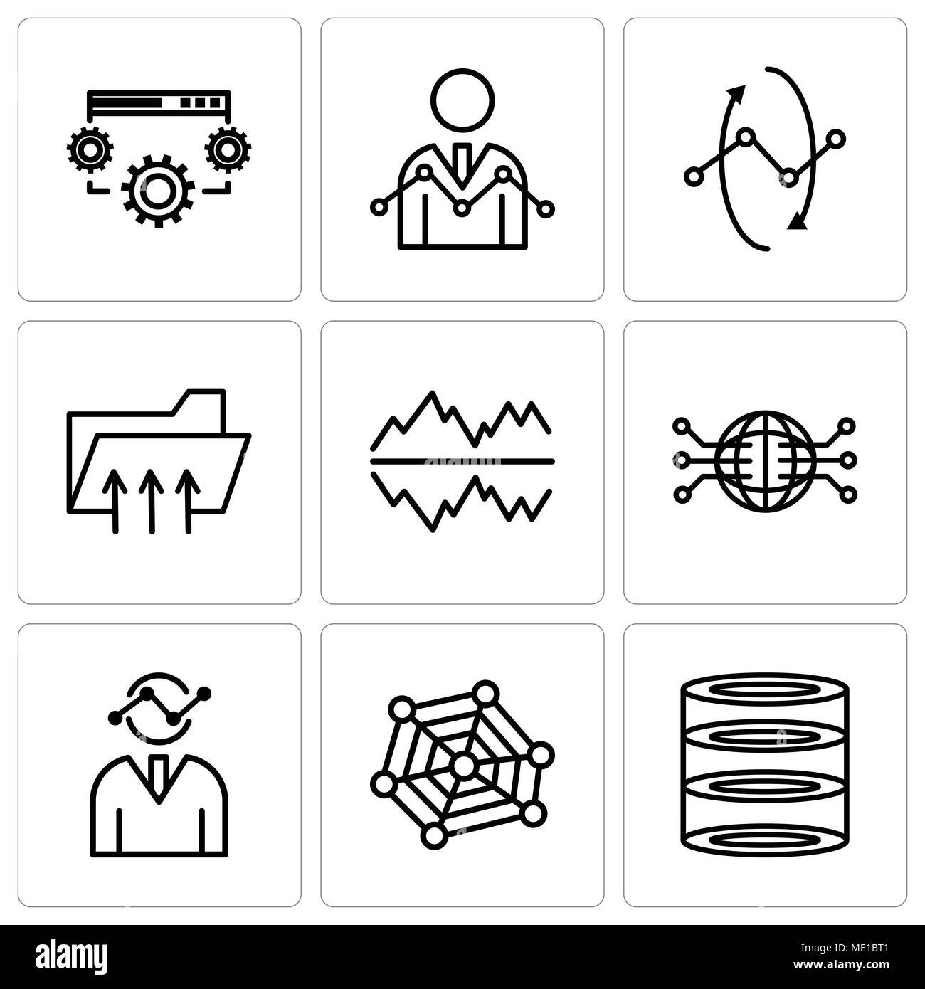 Set di 9 semplici icone modificabile come analisi dei dati, diagramma radar con il Pentagono, grafica umana, Globe circuito collegato, le impostazioni di testo della bolla, Conne Illustrazione Vettoriale