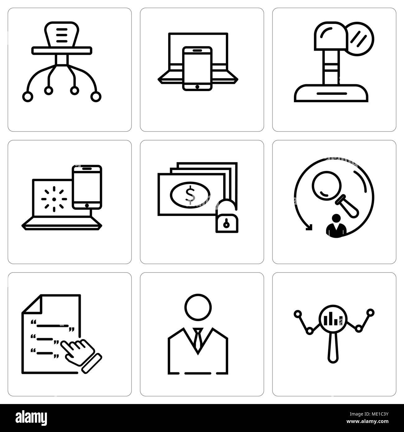 Set di 9 semplici icone modificabili quali ricerca, uomo d affari, contratto, la ricerca, il denaro e la chiave, internet, microfono, elettronica, la tabella può essere utilizzata Illustrazione Vettoriale