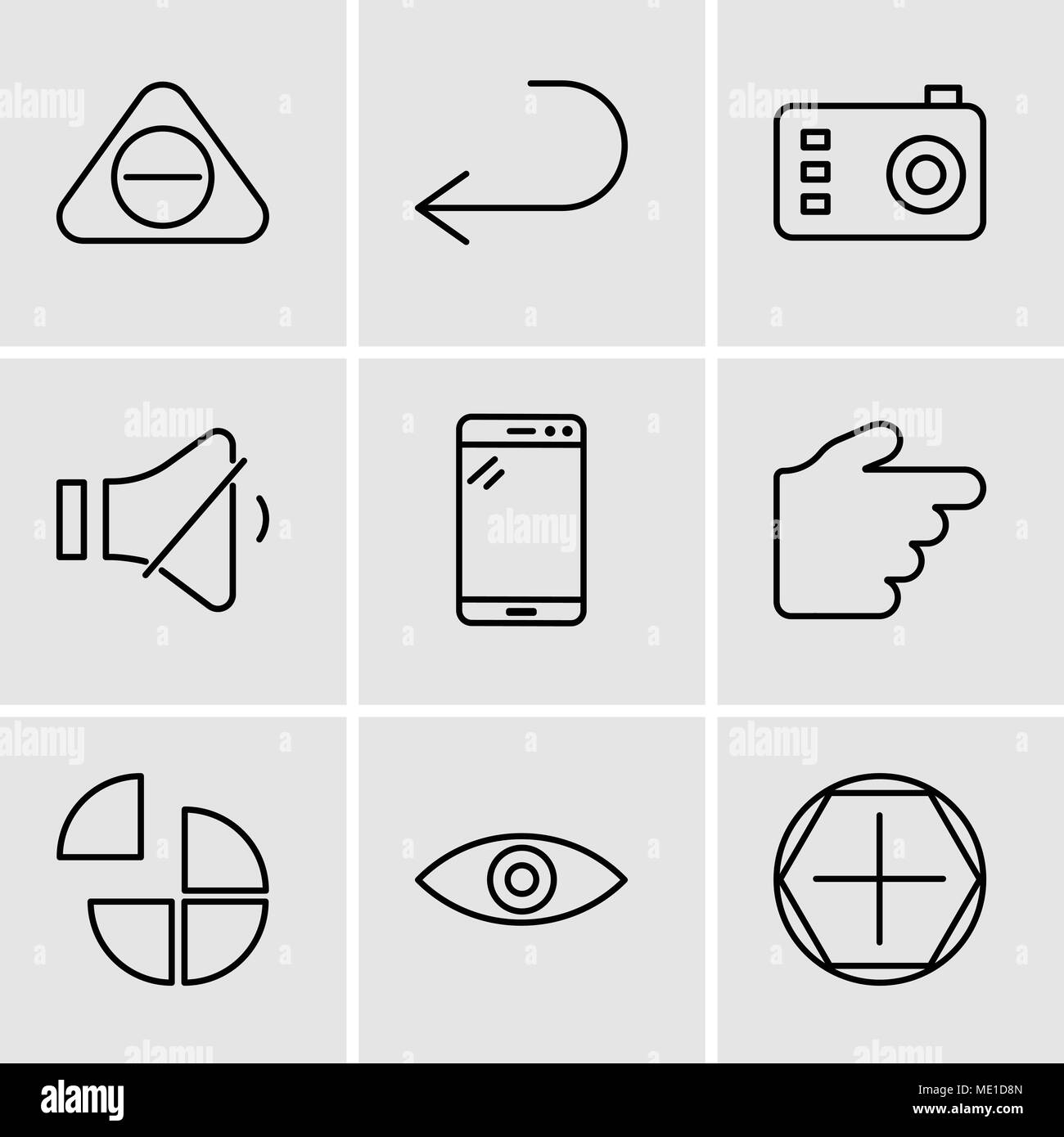 Set di 9 semplici icone modificabile come strumento Aggiungi, occhio, il grafico a torta, mano rivolta verso destra, Tablet, controllo volume, fotocamera, freccia rivolta a sinistra, Illustrazione Vettoriale