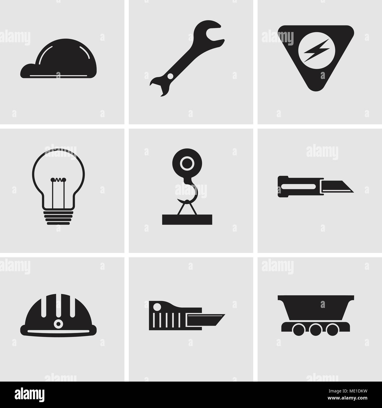 Set di 9 semplici icone modificabile come carro merci, taglierina, elmetto, coltello, gru di carico, lampadina, pericolo, chiave regolabile, casco, può essere utilizzato per i mo Illustrazione Vettoriale