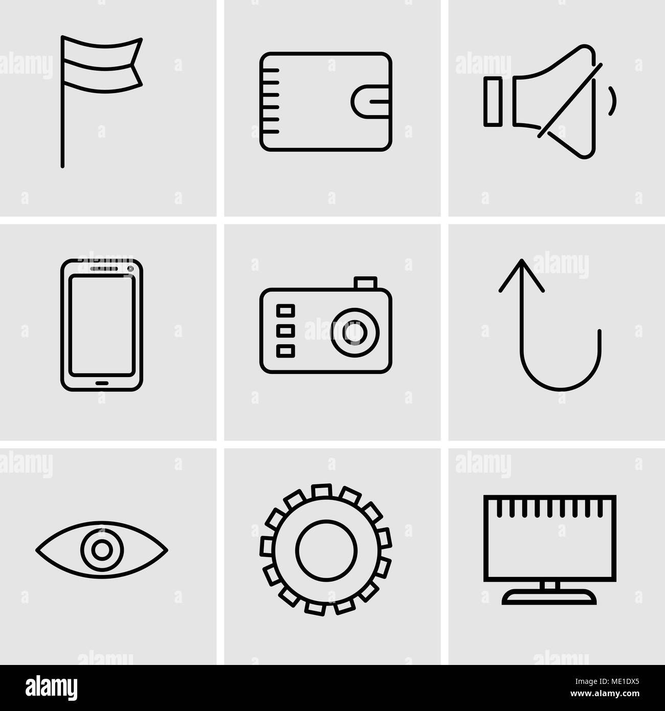 Set di 9 semplici icone modificabile come la televisione, ingranaggio, occhio, il pulsante Annulla, fotocamera, Smartphone, controllo del volume, il portafoglio con cerniera, posizione fl Illustrazione Vettoriale