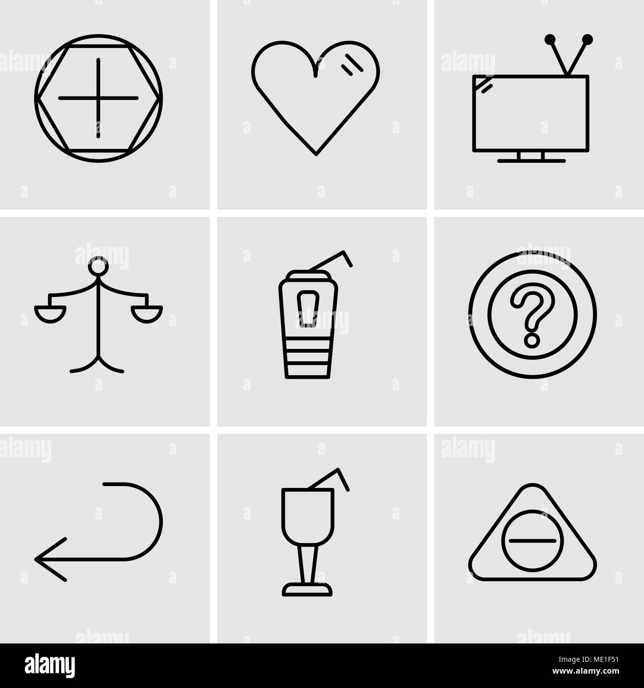 Set di 9 semplici icone modificabile come pulsante di sottrazione, bicchiere da cocktail, freccia rivolta a sinistra, punto interrogativo, bicchiere di carta con una cannuccia, Wei Illustrazione Vettoriale