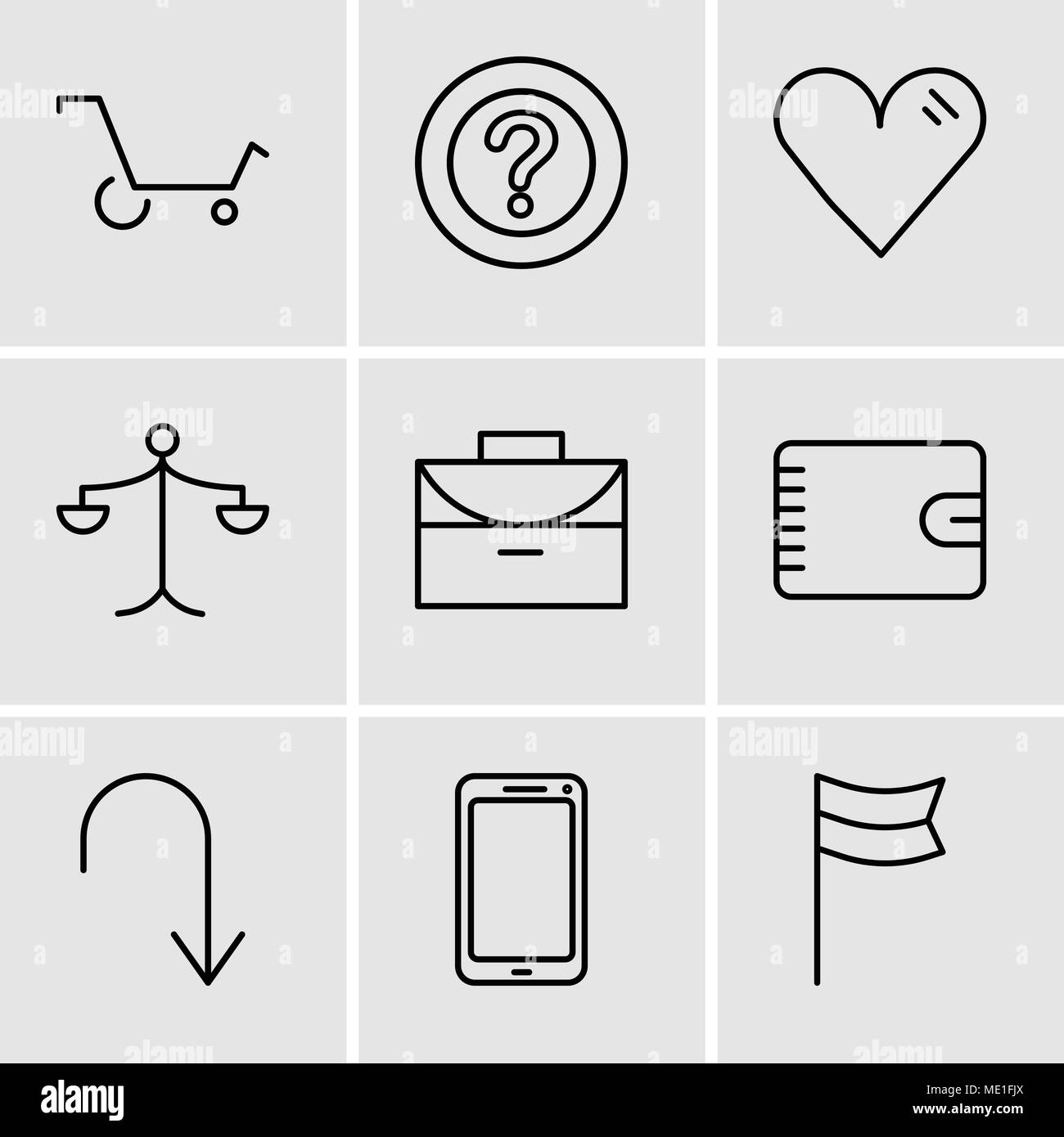 Set di 9 semplici icone modificabili quali posizione bandiera, Smartphone, freccia rivolta verso il basso, il portafoglio con cerniera, Ufficio valigetta, bilancia, cuore, Illustrazione Vettoriale