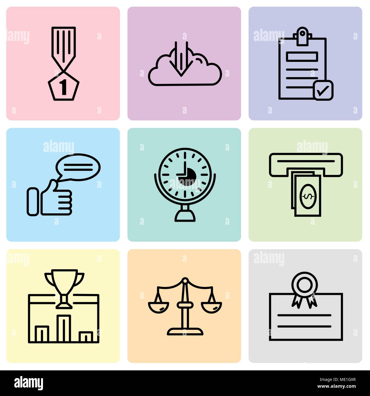 Set di 9 semplici icone modificabile come cartolina, scale, al primo posto, contanti, orologio, commento, verificare il documento, rucola, vincitore, può essere usato per il mobile, web Illustrazione Vettoriale