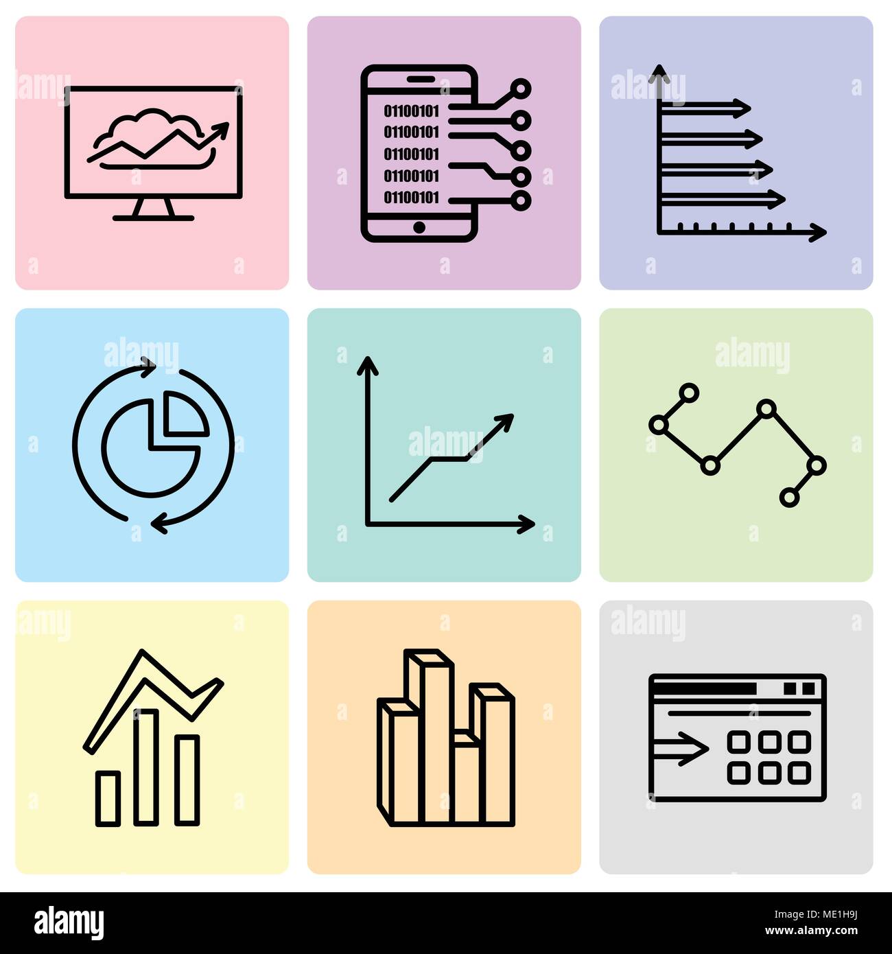 Set di 9 semplici icone modificabile come esportazione di dati con una freccia, Stream grafica, bar e analisi dei dati, i Nodi interfaccia connessioni, analisi dei dati Illustrazione Vettoriale