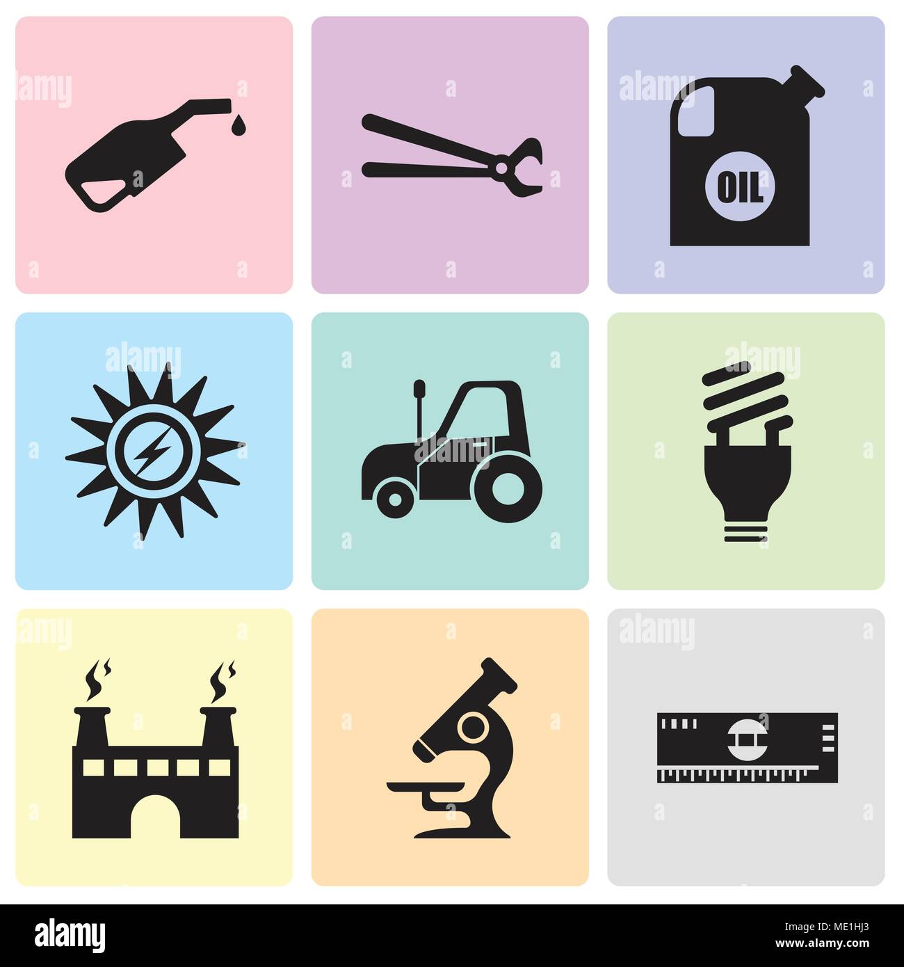 Set di 9 semplici icone modificabili quali la scala, microscopio, fabbrica, lampadina, autotruck, energia solare, contenitore olio, pinze, pompa, può essere usato per mob Illustrazione Vettoriale