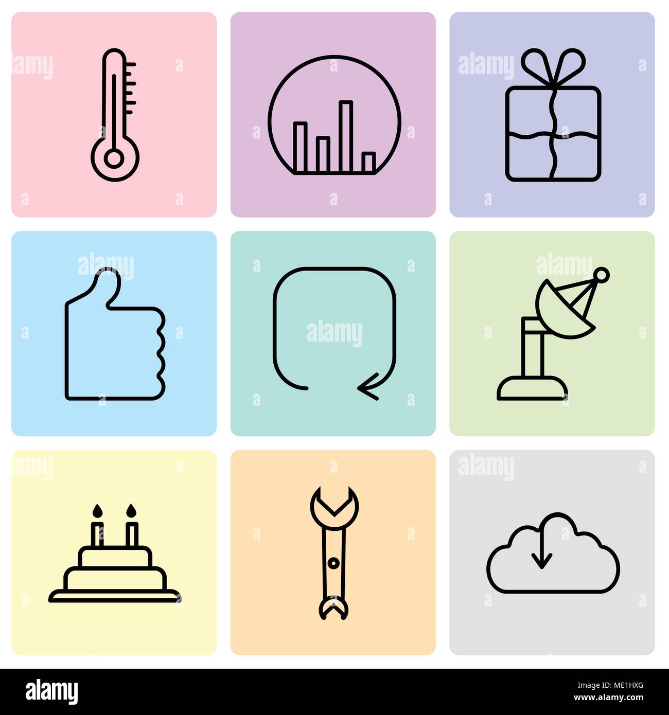 Set di 9 semplici icone modificabile come download dal cloud, Chiave, torta con candele, antenna parabolica, aggiornare freccia, pollice in alto, segnalibro, grafico a barre Illustrazione Vettoriale