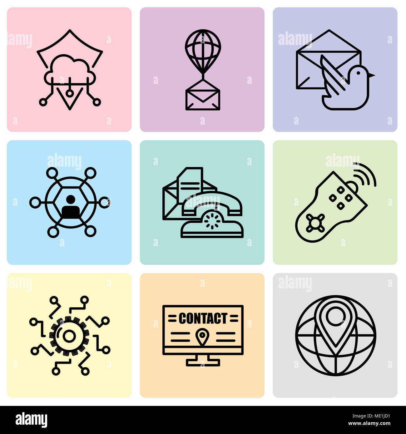 Set di 9 semplici icone modificabile come segnaposto del mondo, affissioni, Impostazioni telecomando, telefono, utente, Mail bird, pallone aerostatico, protezione, ca Illustrazione Vettoriale