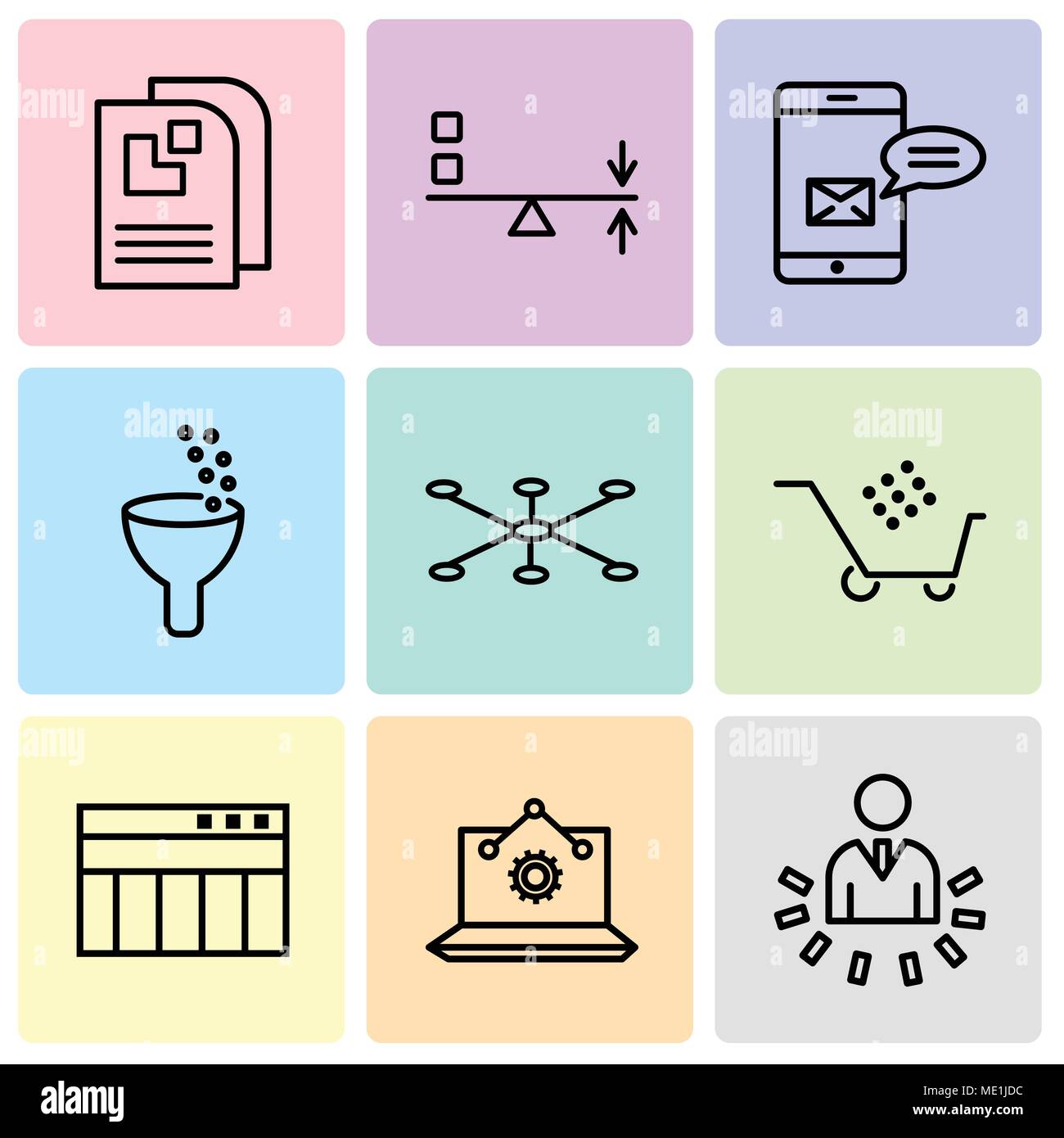 Set di 9 semplici icone modificabili quali dati utente analytics, analisi di laptop, la tabella per i dati, carrello graphic, connessione dati, analisi dei dati, i dati analy Illustrazione Vettoriale